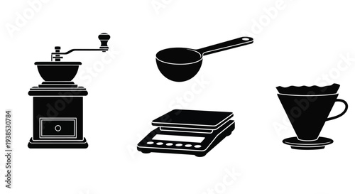 Coffee making equipment in a black and white graphic silhouette