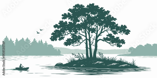 A serene tree standing on a small island surrounded by calm waters and distant mountains. Vector