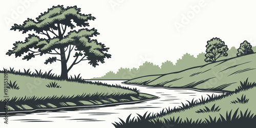 A serene landscape with a winding path leading through a lush, green forest Vector
