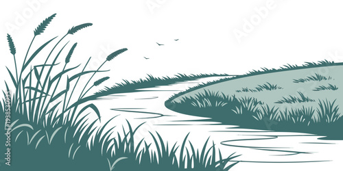 Fotografi A serene landscape of tall grass swaying gently beside a calm river