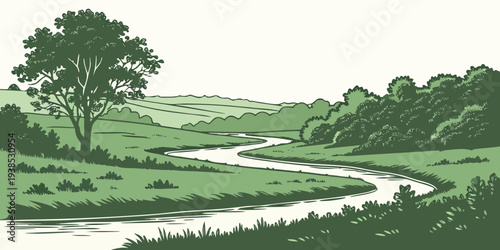 A serene landscape of rolling green hills and a winding river under a clear sky Vector
