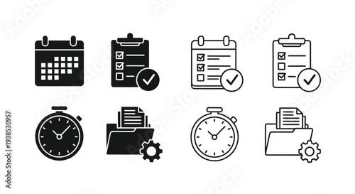 Office icons depicting scheduling tasks and time management silhouette