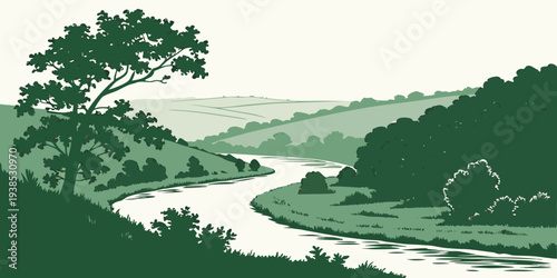 A serene river winding through a lush, green forest landscape. Vector