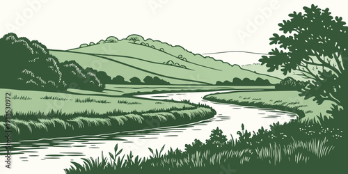 A serene landscape showcasing a winding river through a lush, green valley Vector