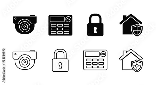 Black icons depicting security technology and home a silhouette