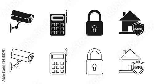 Security icons depicting surveillance safes and locks a black silhouette