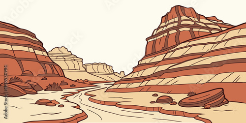 A vast desert landscape with towering red rock formations under a clear blue sky. Vector