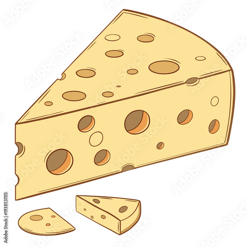 A close-up view of a wedge of swiss cheese with holes and a few small pieces Vector