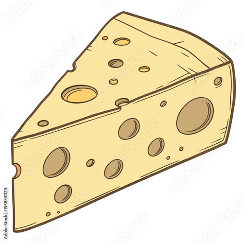 A close-up view of a wedge of cheddar cheese with holes and a yellow rind Vector