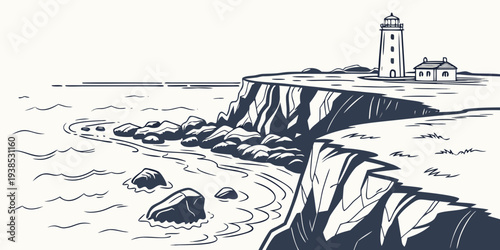 Aerial view of a coastal landscape with a lighthouse and rocky shore Vector