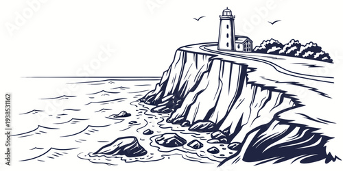 A lone boat rests on a rocky shore, surrounded by the vast expanse of the ocean. Vector