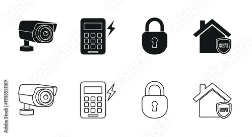 Security icons including cameras safes and locks in black silhouette