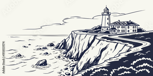 A picturesque coastal scene with a lighthouse standing tall on a rocky cliff Vector