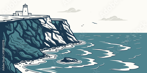 A serene seascape with waves crashing against a rocky cliff under a cloudy sky Vector