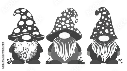 Three whimsical gnomes with spotted hats and long beards on a white background
