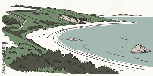 Aerial view of a serene lake surrounded by lush greenery and winding roads. Vector