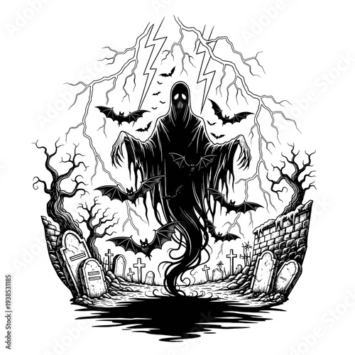 Creepy Halloween ghost apparition with bats and lightning in a spooky graveyard scene, perfect for scary holiday decorations