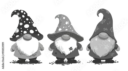 Three garden gnomes illustration in black and white decorative elements
