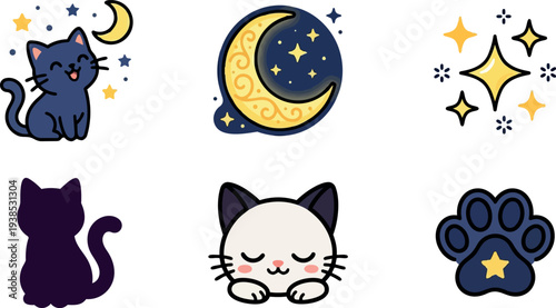 Kawaii flat design cat icon set with sleeping kitten paw moon and sparkling stars in navy and yellow palette collection