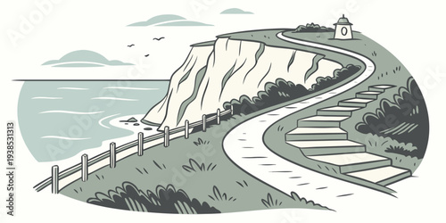 A dramatic cliffside scene overlooking the vast expanse of the ocean. Vector