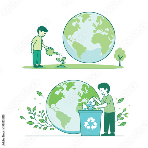 People Watering Plants and Recycling for Earth Day Environmental Protection Concept