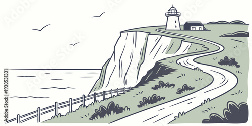A serene landscape of a lighthouse standing tall on a cliff overlooking the vast ocean. Vector