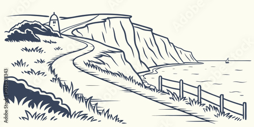 A detailed sketch of a mountainous landscape with winding rivers and valleys Vector