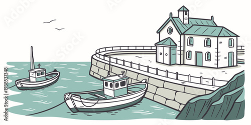 A picturesque coastal village with boats docked at the harbor and a church in the background Vector