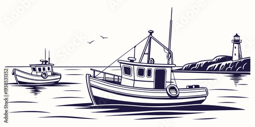 Two fishing boats navigating through calm waters under a clear blue sky. Vector