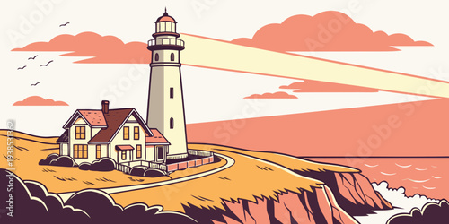 A majestic lighthouse stands tall on a rocky cliff overlooking a vast ocean Vector