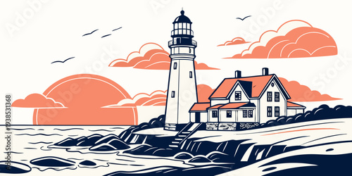 A serene lighthouse standing tall amidst the crashing waves of the ocean Vector
