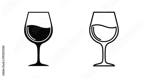 Two wine glasses one full and one empty in black and white silhouette