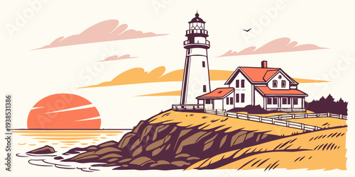 A picturesque lighthouse standing tall on a rocky coastline at sunset Vector
