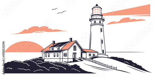 A picturesque lighthouse standing tall on a cliff overlooking the ocean at sunset. Vector