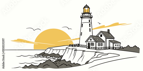 Sunset scene with a lighthouse standing tall on a rocky shore Vector