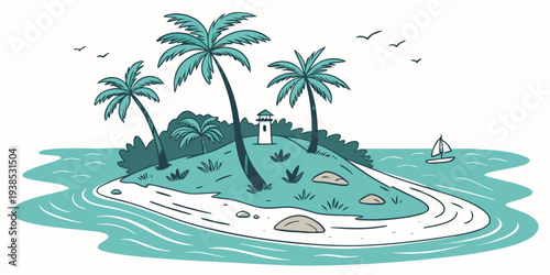 A serene tropical island with palm trees and clear blue waters Vector