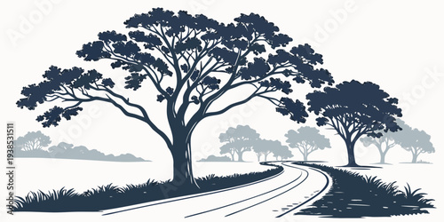 Three trees standing on a hill with a river flowing through the valley below Vector