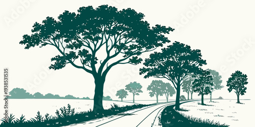 A serene landscape with a winding path leading to a grove of trees under a clear sky. Vector