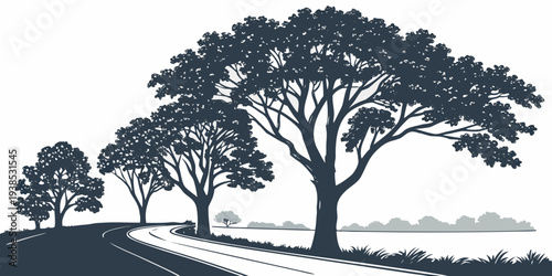 A serene landscape with two large trees standing tall in a grassy field with a distant horizon Vector