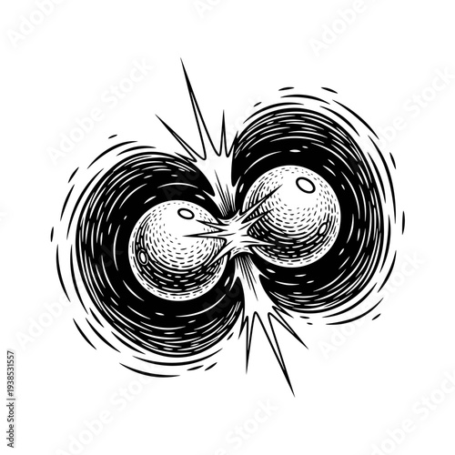 Abstract illustration of two colliding spheres representing a cosmic event or a powerful impact with radiating energy and swirling patterns