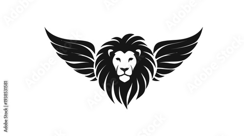 Lion head with wings emblem in black and white on white background