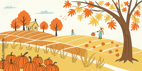 A vibrant autumn landscape with trees shedding their leaves in a serene countryside Vector