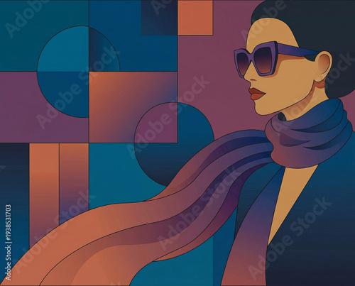 geometric cool‑tone portrait where bold sunglasses and a flowing scarf cut through a world of deep blues, purples, and warm orange blocks