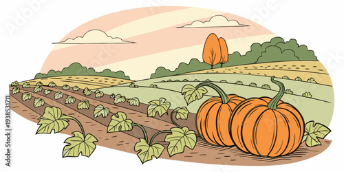 A picturesque autumn landscape with pumpkins and a scenic countryside view Vector
