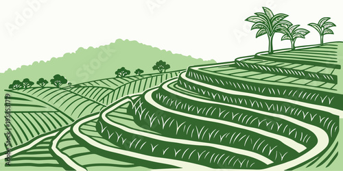 A picturesque landscape of terraced fields with lush greenery and distant mountains Vector