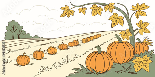 A picturesque autumn scene featuring pumpkins and a tree-lined road. Vector