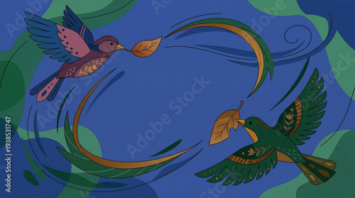 two vibrant birds in flight exchanging leaves across swirling blue‑green currents of motion and color