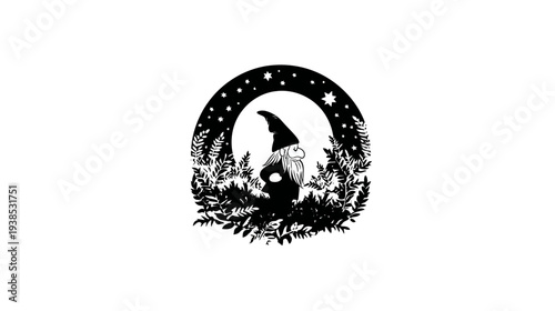 Silhouette of a gnome standing within a starry circle and foliage