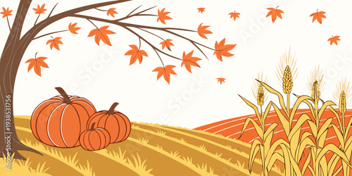A vibrant autumn scene with pumpkins and falling leaves in a field Vector
