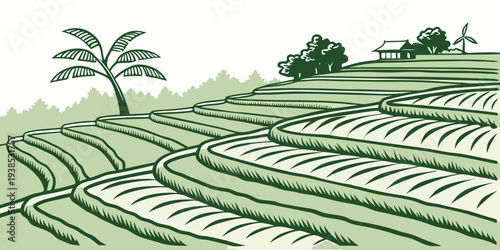 A serene landscape of rolling hills covered in lush green grass and dotted with trees. Vector